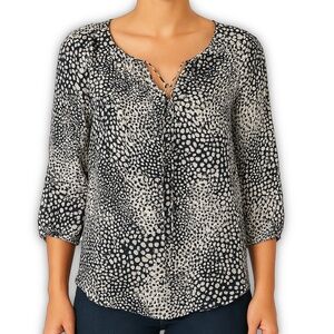 Talbots Tie Neck Blouse Smocked 3/4 Sleeve Navy Ivory Abstract Dot Size M